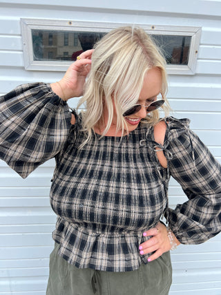 running in flannel smocked top
