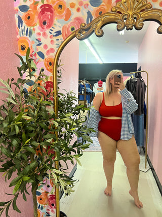 poppy red ribbed swim top