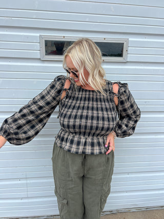 running in flannel smocked top