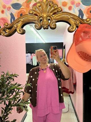 brown me up polka dot cardigan top