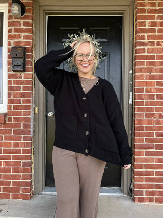 comfort in all black cardigan