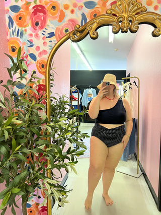 why note one shoulder black swim top