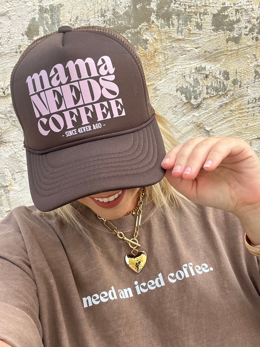 mama needs coffee brown trucker hat