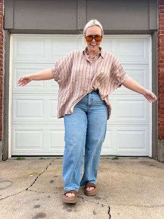 striped oversized button up top