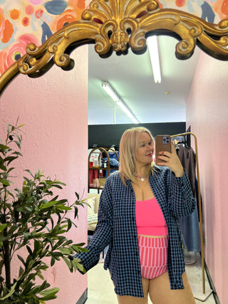 where ever we go royal gingham button top