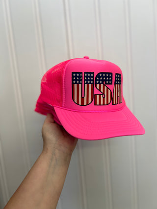 usa print hot pink trucker hat