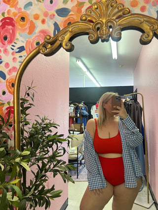 poppy red ribbed swim top
