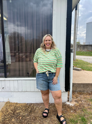 here for fun striped green top