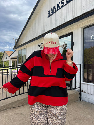 go big red striped pullover