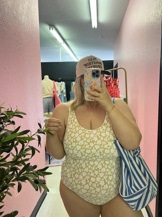 pop of floral tan one piece swim