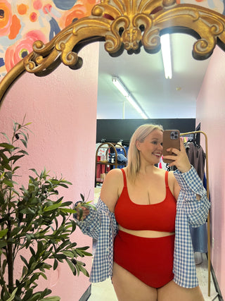 poppy red ribbed swim top