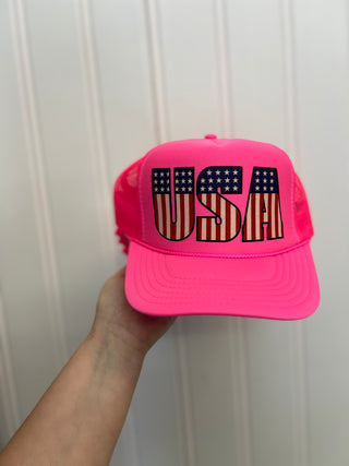 usa print hot pink trucker hat