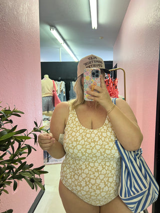 pop of floral tan one piece swim