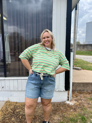 vintage washed string extended denim shorts