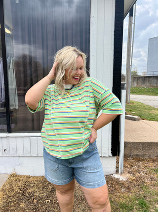 here for fun striped green top