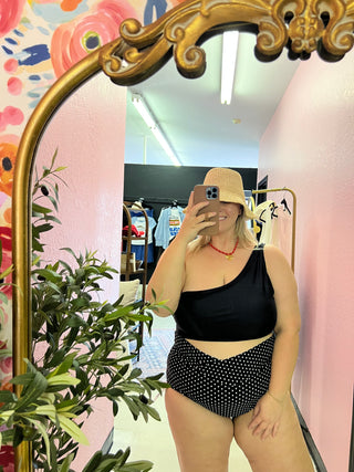why note one shoulder black swim top