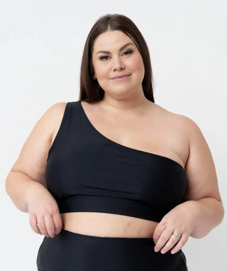 why note one shoulder black swim top
