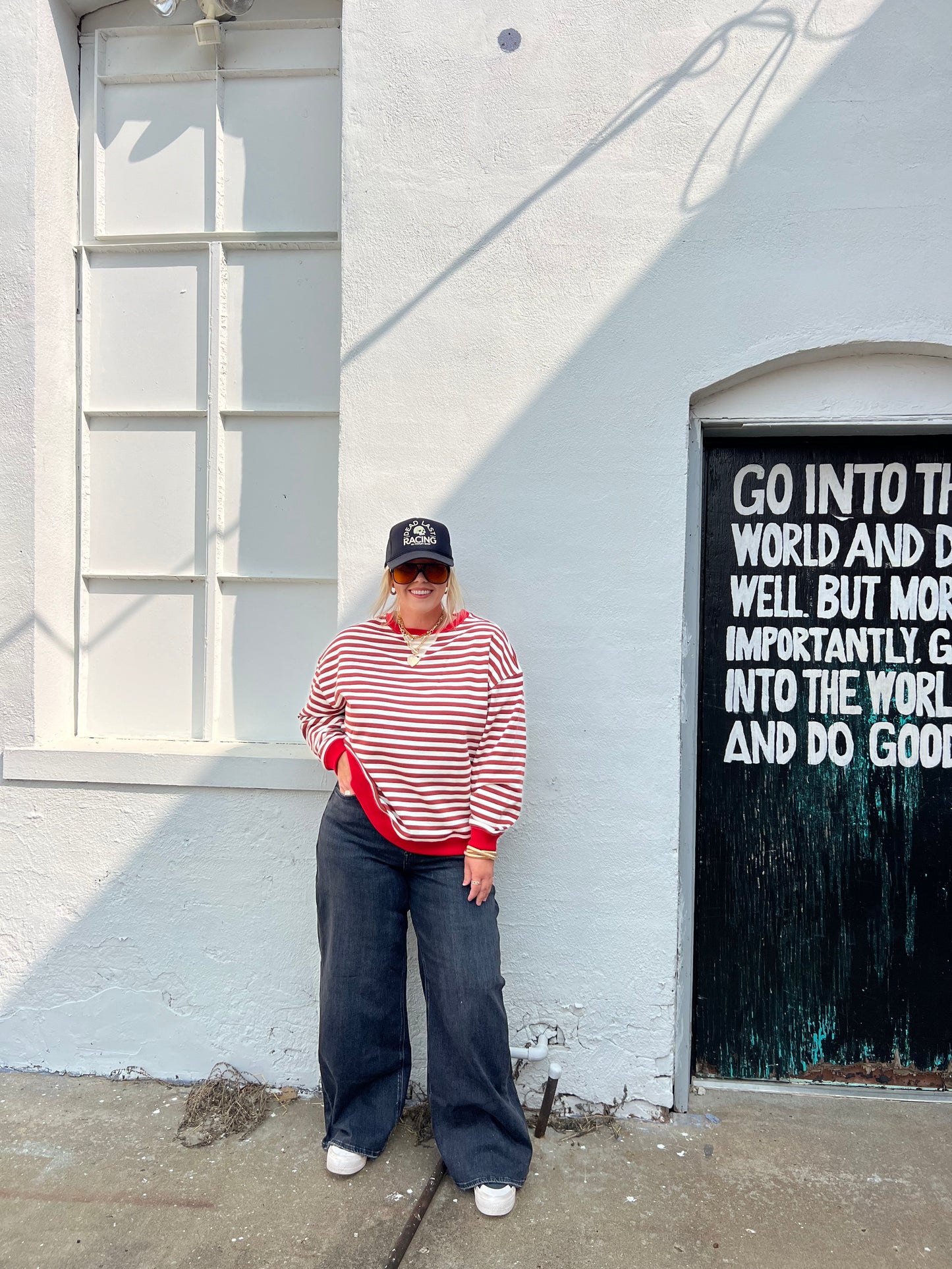 calling the shots red striped top