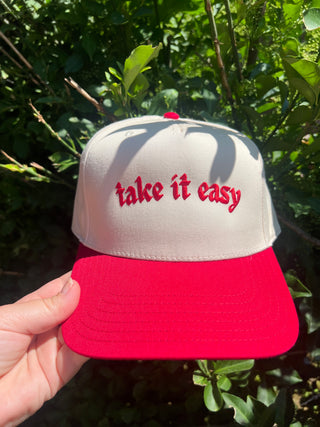 take it easy red trucker hat