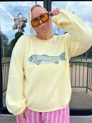fish in the sea at me yellow sweater