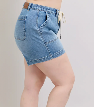 vintage washed string extended denim shorts