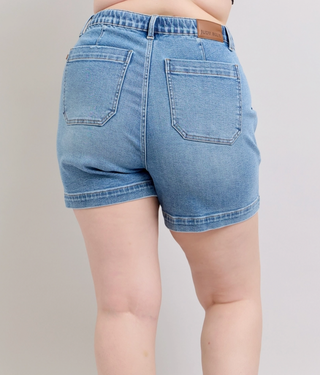 vintage washed string extended denim shorts