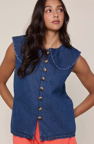 see my way downtown denim top