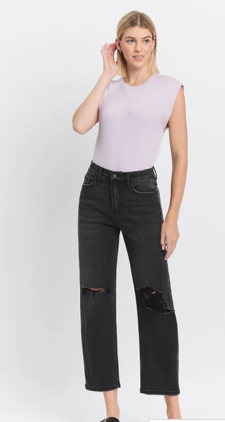 High Rise Distressed Black Barrel Jeans | flying monkey