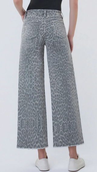 High Rise Grey Leopard Print Crop Wide Leg Jeans  | flying monkey