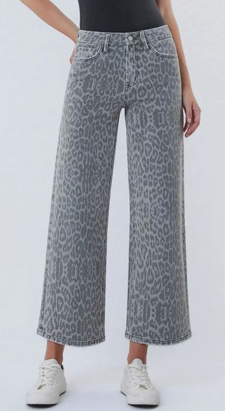 High Rise Grey Leopard Print Crop Wide Leg Jeans  | flying monkey